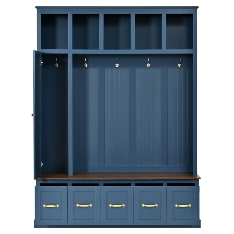 Arbre d'entrée avec porte-manteaux, banc à chaussures et armoire de rangement, Navy Blue