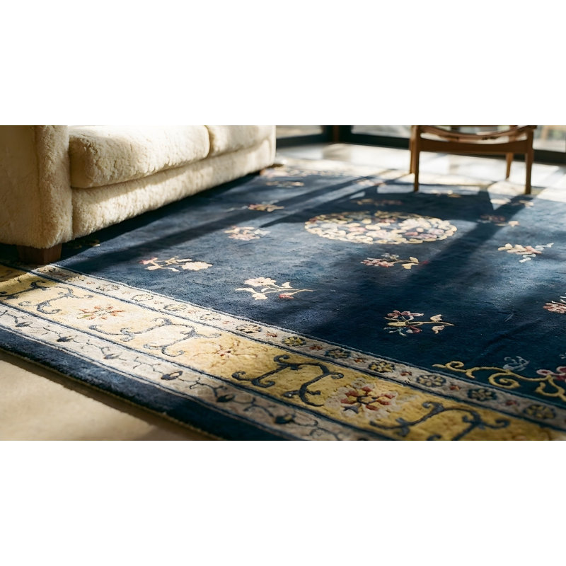 Rectangle 1920s Antique Wool Blue Hand Knotted Pile Large Rug