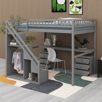Structure de lit mezzanine avec escalier de rangement avec main courante, commode avec tiroir, DEL, garde-robe ouverte
