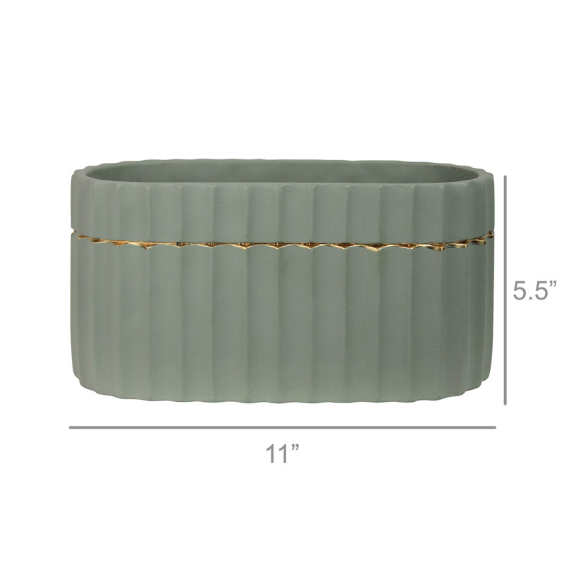 Oval Scalloped Planter, Green/Gold