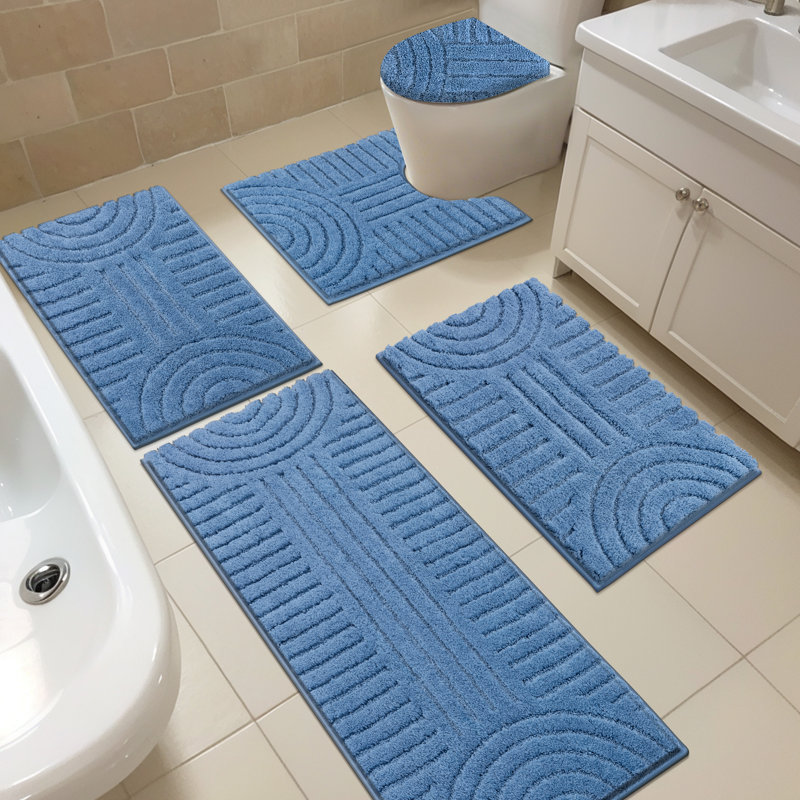 5 Piece Soft Absorbent Microfiber Bath Rug Set With Non-Slip Backing, Blue