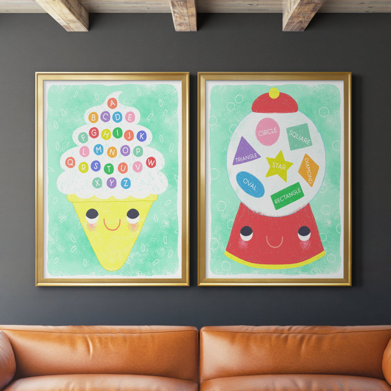 «Ice Cream Alphabet», ensemble de 2 peintures sur toile encadrées, H 26,5 po x l 73 po x P 1,5 po, Or