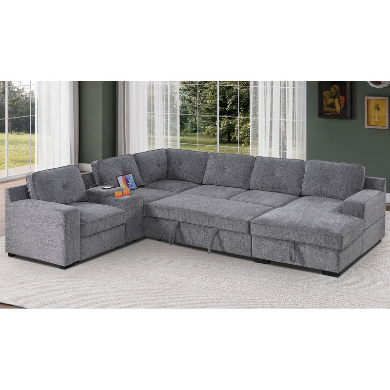 Sleeper Sectional Tufted Sofa Bed With Storage Chaise, Light Gray Chenile
