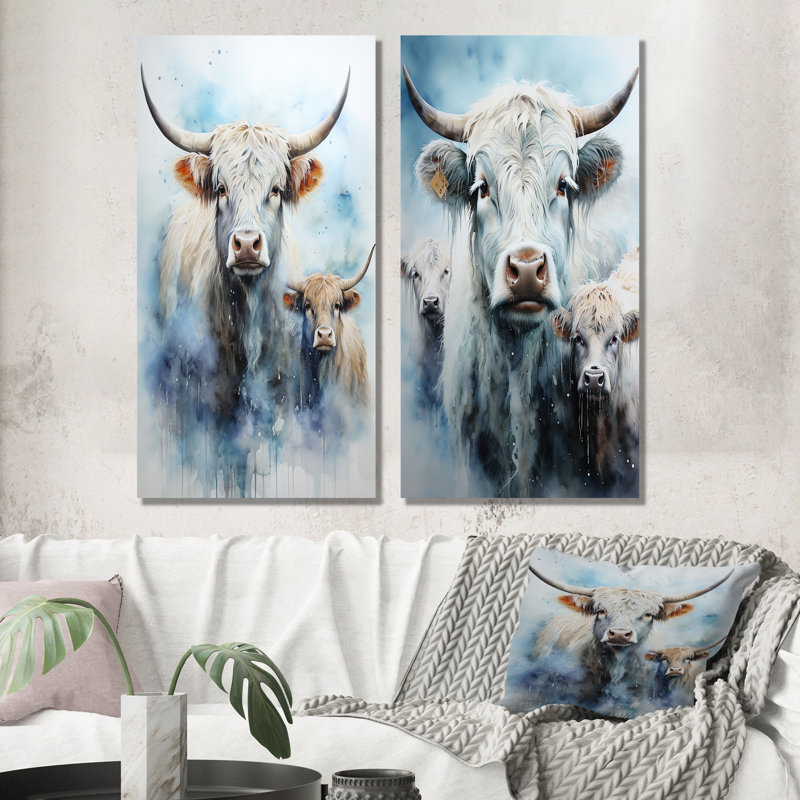 Aquarelle Highland Yaks Family - ensemble de 3 impressions de métal Yaks, H 28 po x l 24 po