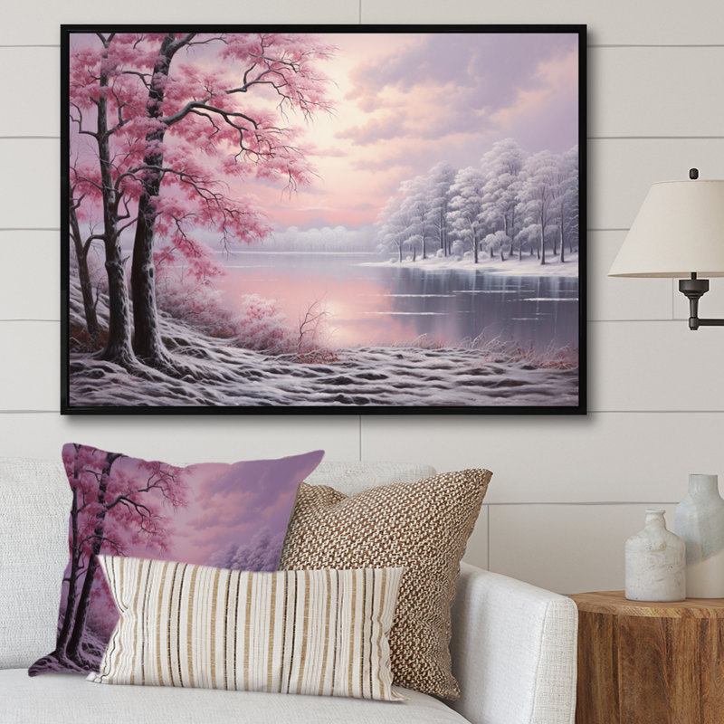 «Pink Winter Trees By The Riverside», reproduction sur toile, H 12 po x l 20 po x P 1 po, Cadre flottant noir