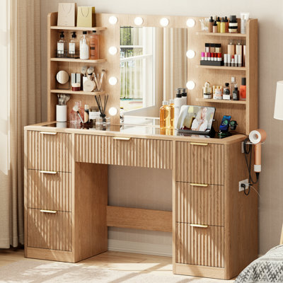 47" Fluted Vanity Desk with Adjustable LED Lights & Charging Station, 7 Drawers Makeup Table with Tempered Glass Top, 8 Open Shelves, Hair Dryer Holder for Bedroom, Natural Oak