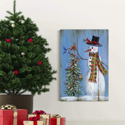 Snowman And Tree Unframed Canvas Wall Art 24" X 36"