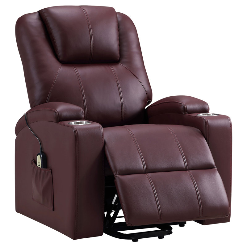 Macklin Black Upholstered Power Lift Massage Recliner, Wine Red