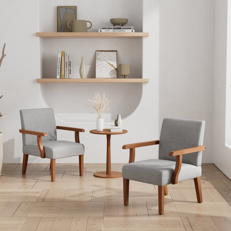 Ensemble de 2 fauteuils d'appoint rembourrés en tissu avec table de salle à manger ronde en bois, Tissu gris pâle