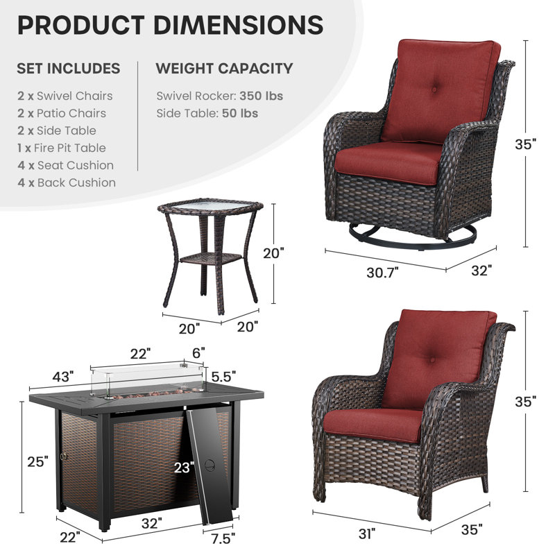 Ensemble d'extérieur 7 pièces avec table de foyer, chaises pivotantes et tables d'appoint pour patio Wendye, Rouge