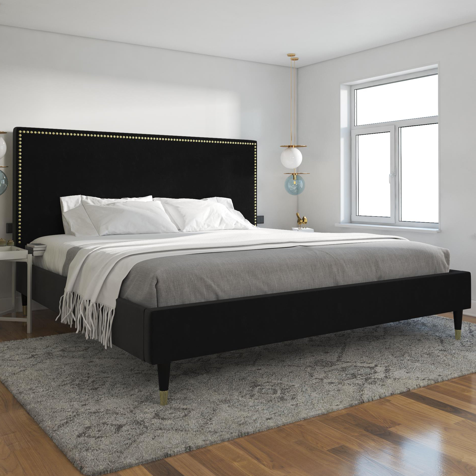 Dg casa soloman upholstered panel bed frame with storage drawers and wood trim tufted headboard online