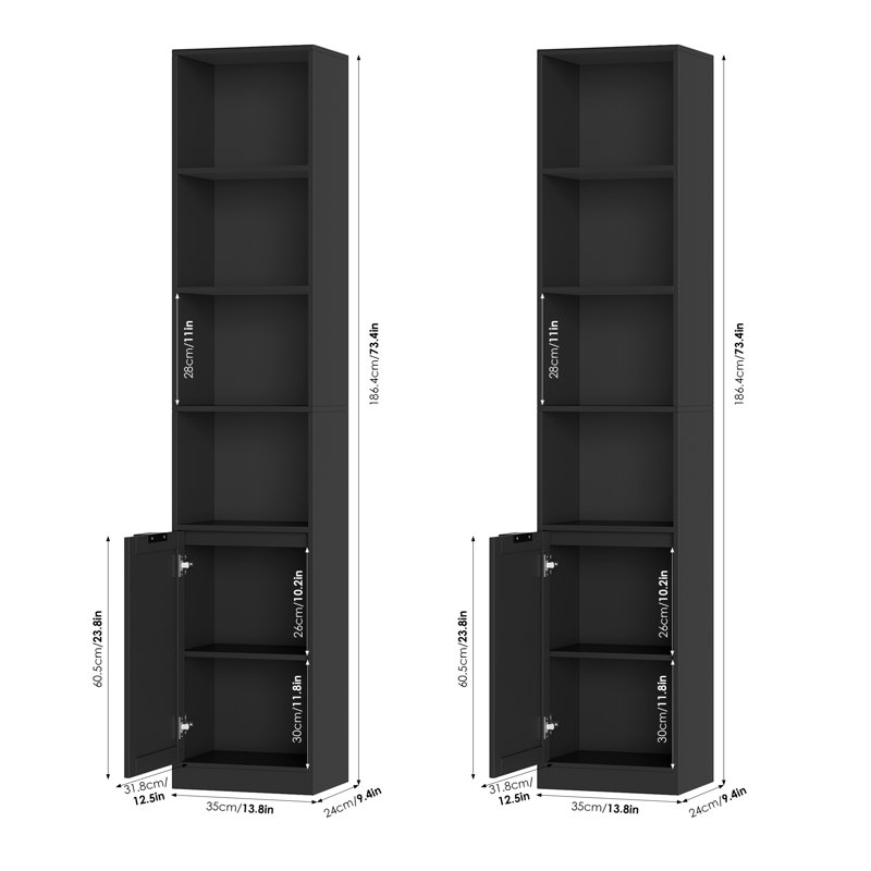 Ensemble de 2 bibliothèques, tour de rangement de 73,4 po avec portes et tablettes, bibliothèque mince pour le salon, le bureau et la chambre à coucher