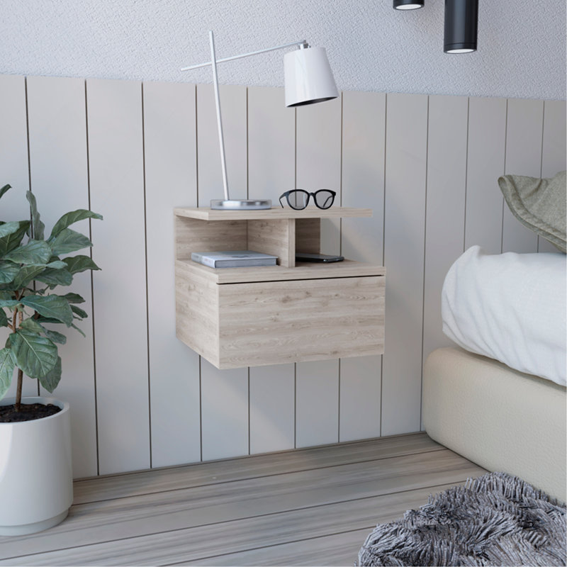 Adele Floating Nightstand with Drawer and Open Storage Shelves, Smoke Gray
