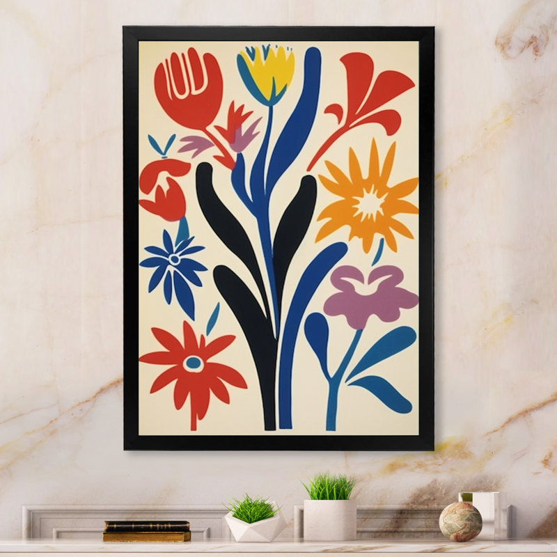 Fleurs abstraites rétro en bleu jaune noir sur toile, H 32 po x l 24 po x P 1 po, Cadre simple noir