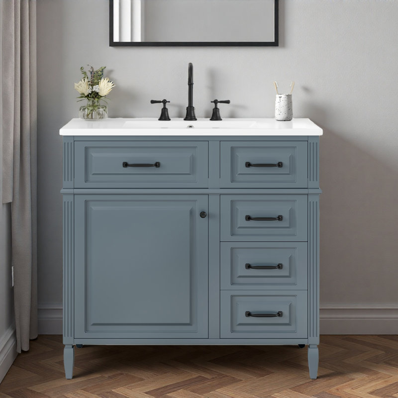 Meuble-lavabo de 36 pouces avec comptoir en céramique, structure en bois massif et armoire en panneau de fibres à densité moyenne, tiroir rabattable avec tablette réglable et poignées en métal