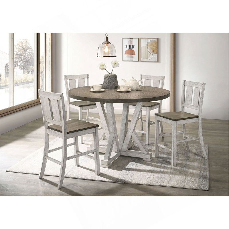 Counter Height Dining 5Pc Set Antique White Rustic Style Table Two-Tone Design 4X Chairs Dining Room Furniture