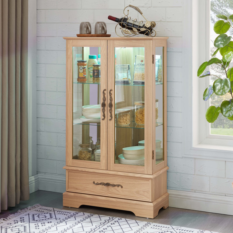 Vitrine lumineuse en verre avec tablettes réglables, Chêne clair