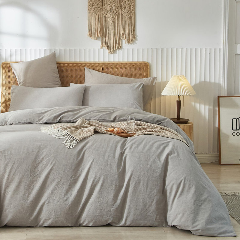 Ensemble de housse de couette 100% coton délavé LifeTown, Housse de couette double et 2 taies d'oreiller, Gris glacé