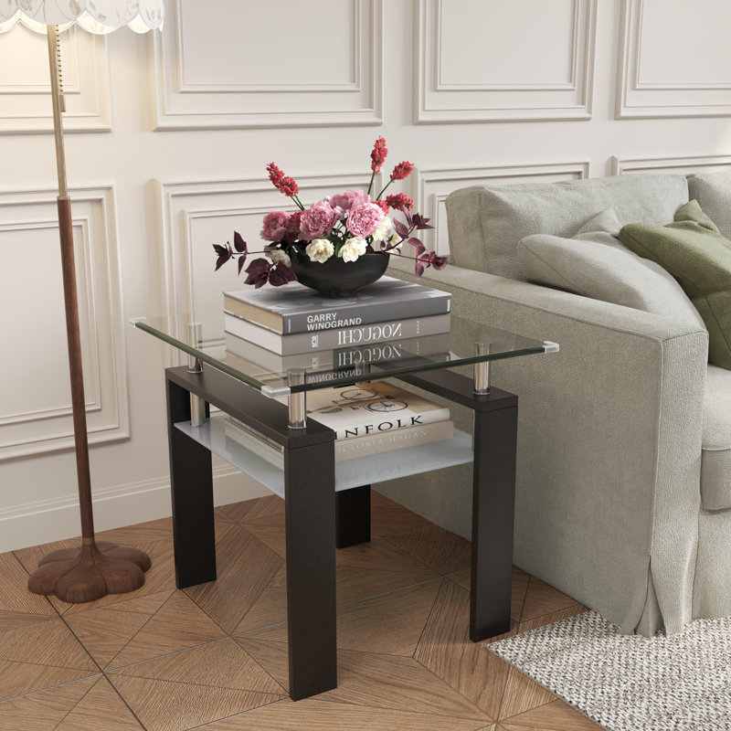 Arol 24" Square Glass End Table With Storage Shelf, Black