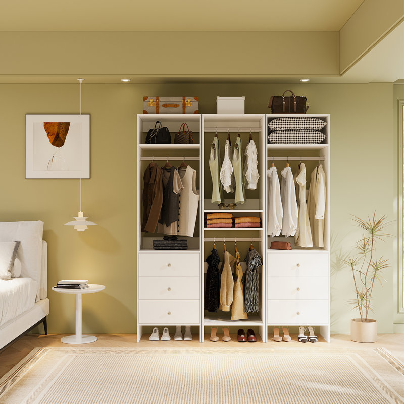 Système de garde-robe modulaire étroit, garde-robe autoportante blanche avec tringle suspendue et 3 tiroirs de rangement