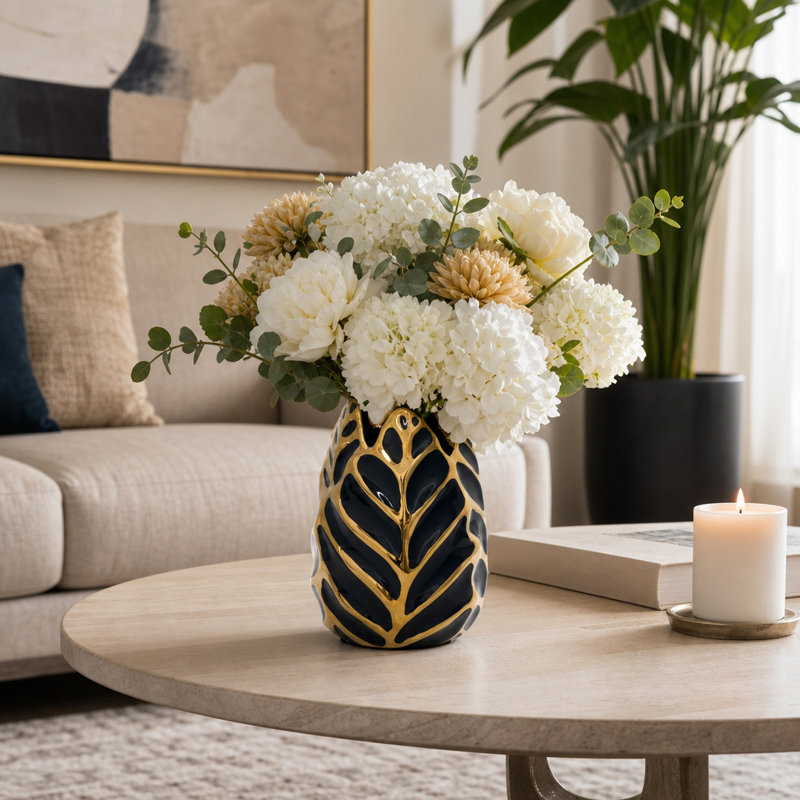 Addington Decorative Ceramic Leaf Design Table Vase Home Decor - Modern Table Flower Vase Accent for Living Room, Bedroom, or Console Styling