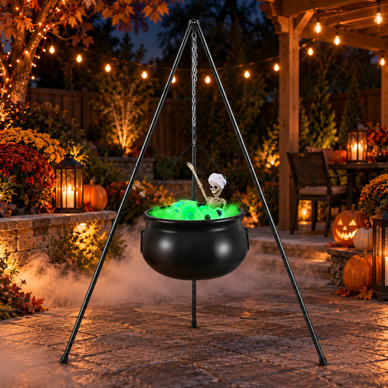 Chaudron de sorcière lumineux d'Halloween de 132 cm avec squelette, yeux et trépied