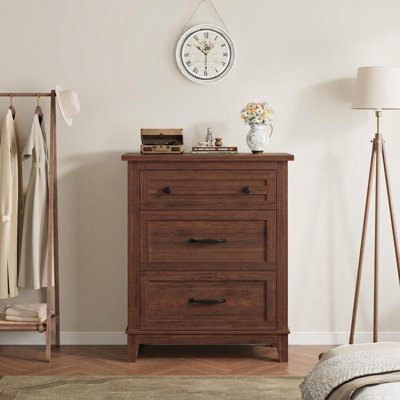 Modern 3 Drawer Dresser Chest of Drawers Brown Finish Low Profile Storage Cabinet for Bedroom Living Room Hallway Entryway Home Organization and Every