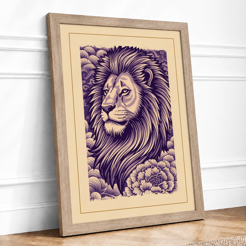 Lion in Clouds Japandi - Framed Print, A2 - 59.4 x 42.0 cm, Oak
