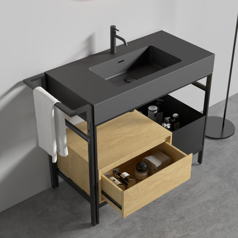 Meuble-lavabo de style industriel avec structure en métal, Noir