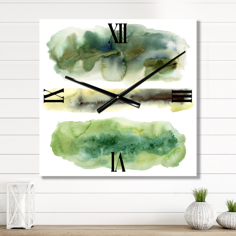 Golden Green Abstract Clouds with Blue Points III - Modern Wall Clock, Small
