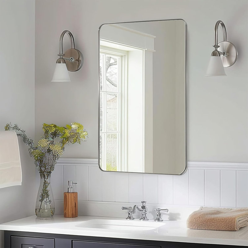 Inse Modern Rounded Rectangle Bathroom Vanity Mirror | Stainless Steel Frame, 48" x 30", Polished Chrome
