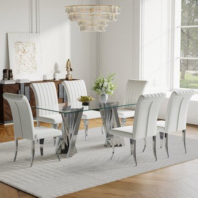 Modern Dining Set – 70" Glass Dining Table With Stainless Steel Base & High-Back Stripe Chairs