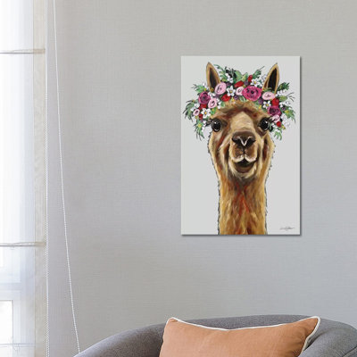 Fiona The Alpaca With Flower Crown On Gray by Hippie Hound Studios - Wrapped Canvas Print