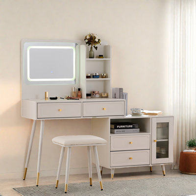 Retractable Makeup Vanity Desk With Mirror And Lights, 2 Drawers, Storage Shelves, Adjustable Cabinet, Power Outlet And A Stool by George Oliver