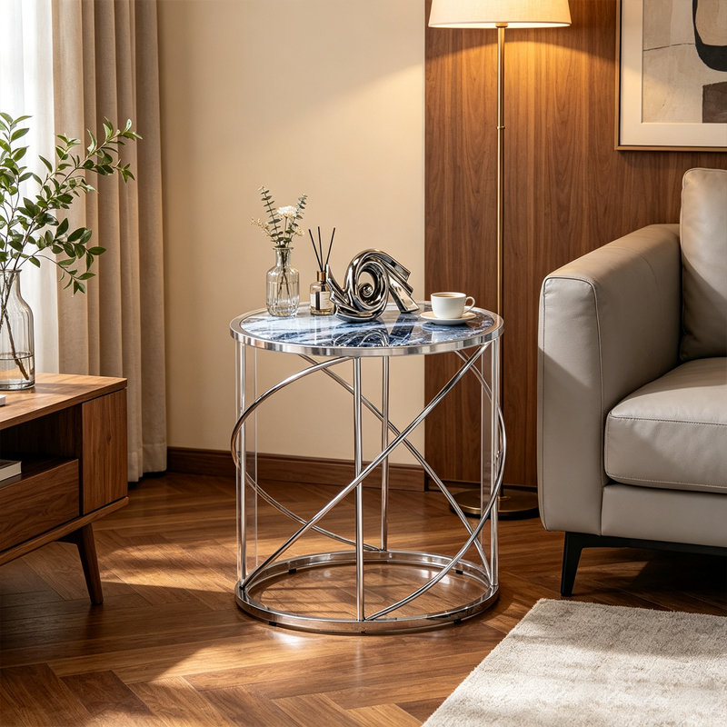 Table d'appoint ronde minimaliste moderne avec plateau en verre imprimé marbre bleu