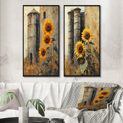 «Farm Sunflowers Around The Silo III», art mural floral 2 pièces