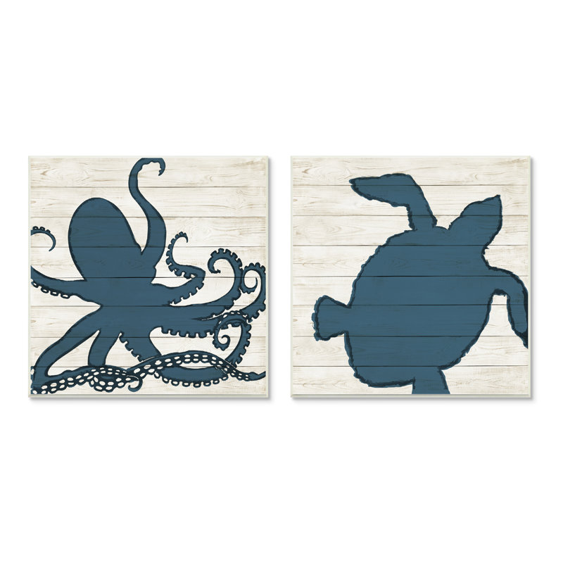 «Nautical Blue Silhouette Octopus Sea Turtle», ensemble de 2 impressions, H 12 po x l 12 po x P 0,5 po, Plaque murale