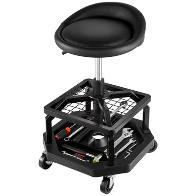 Rolling Shop Stool With 300 Lbs Load, Adjustable Height, Dual Tool Storage, 360 Movement And Locking, Black Foam Seat Height Workshop Capacity,