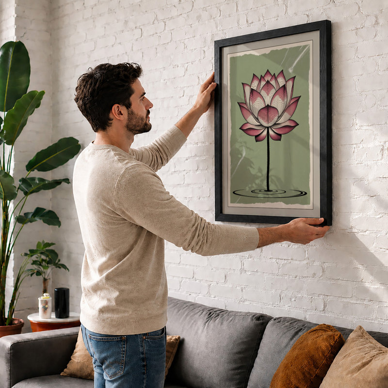 Pink Lotus Bloom Botanical - Framed Print, A1 - 84.1 x 59.4 cm, Oak