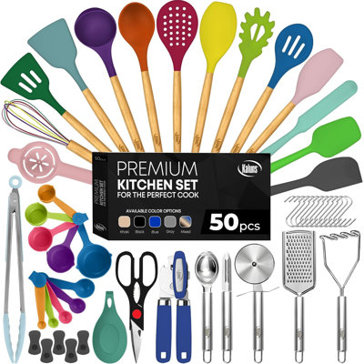 Kaluns 50-Piece Silicone Kitchen Utensils Set with Wooden Handles, Heat Resistant up to 800°F, Nonstick Cooking Tools Set with Can Opener, Masher & Spatulas