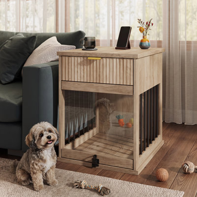 Table d'appoint en cage en chêne gris 23,6 po avec plaque de chargement et tiroir intégrés pour petits chiens de taille moyenne, salon