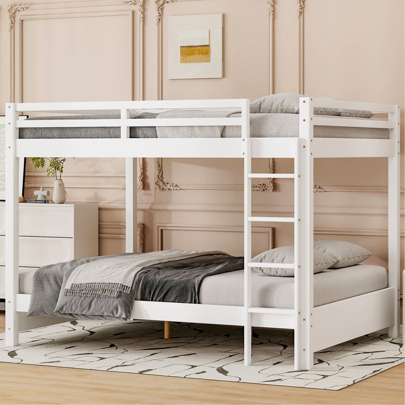 Queen Size White Wood Bunk Bed, Pine And Build, Long-Lasting Use, Compact Design For Limited Spaces Bed With , Size, Reliable Composition, Shared Spaces, Solid Support