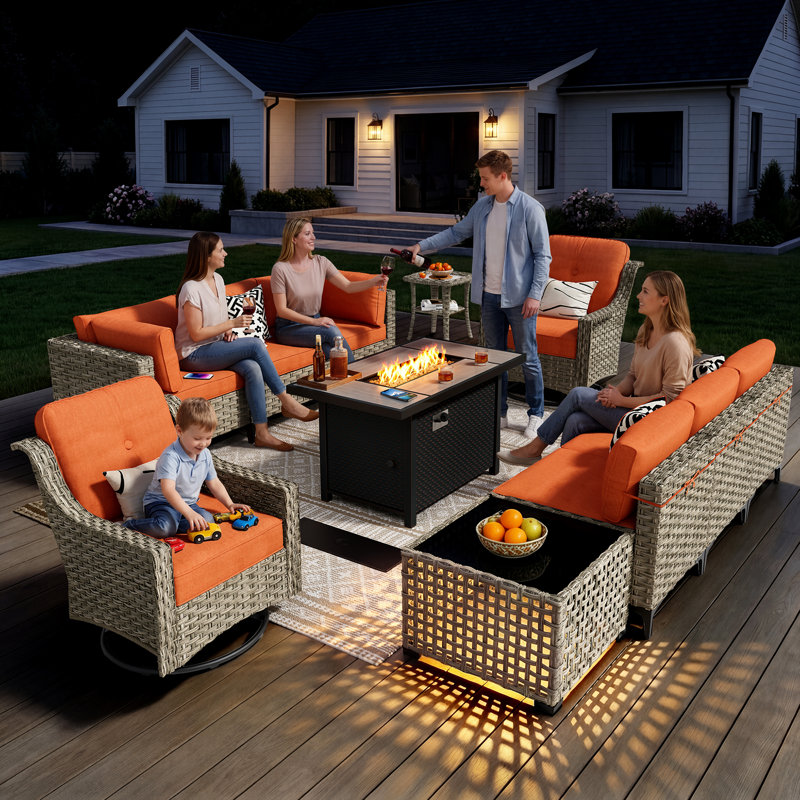 Ensemble de canapé d'extérieur en rotin avec foyer 11 pièces, Orange, Oui