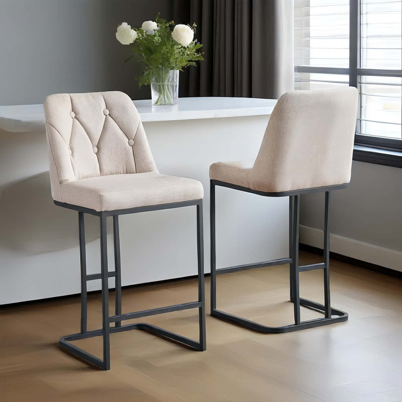 Set of 2,Modern Upholstered Bar Stool with Button-Tufted Backrest, Counter Height Chair with Sturdy Metal Frame, Comfortable Padded Seat for Kitchen, Bar, or Dining Room