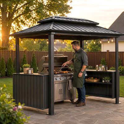 Pavillon de jardin 6 pi x 10 pi avec toit en acier galvanisé double, abri pour barbecue avec armoires de rangement et crochets de plafond pour patio, cour et jardin