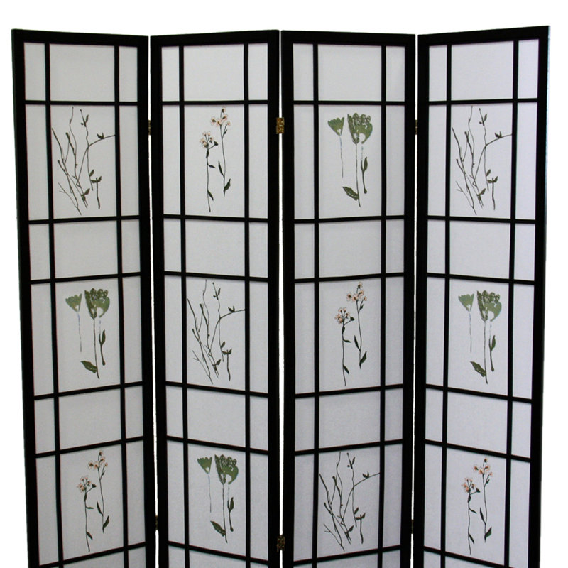 Paravent 4 écrans, 70 po de hauteur, noir avec écran imprimé complexe, motif floral asiatique