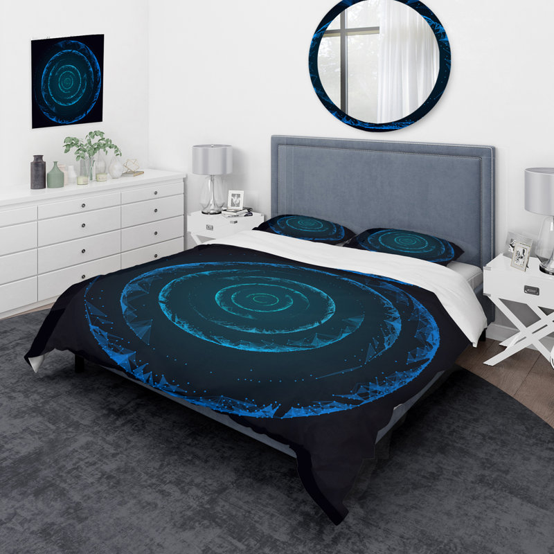 Spirale concentrique bleue sur fond noir - ensemble de housse de couette moderne - microfibre de polyester