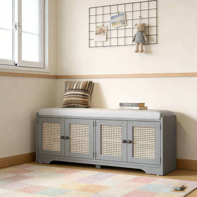 Banc de rangement Banc de rangement pour chaussures en bois multifonctionnel avec coussin amovible, portes en rotin tissé et tablettes réglables