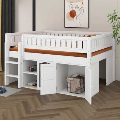 Full Size Low Loft Bed With Storage Cabinet And Chalkboard Panel, Multiple Functions Wooden Loft Bed Frame With Storage Shelves