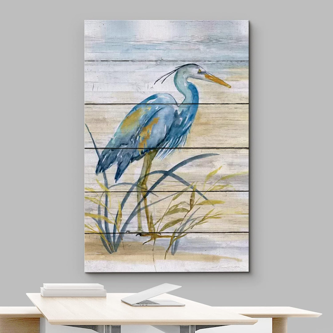 Crane Heron Bird " Retro Wood Panel Blue Beach Heron Bird Modern " IDEA4WALL